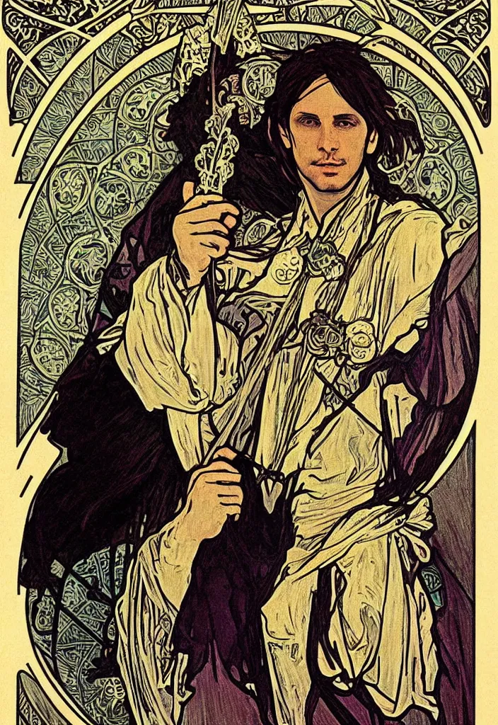 Image similar to Geoff Rickly on a tarot card, tarot major arcana in art style by Alphonse Mucha