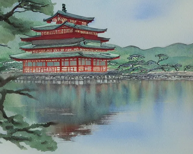 Prompt: a beautiful painting of a building in a serene landscape, japanese watercolor,