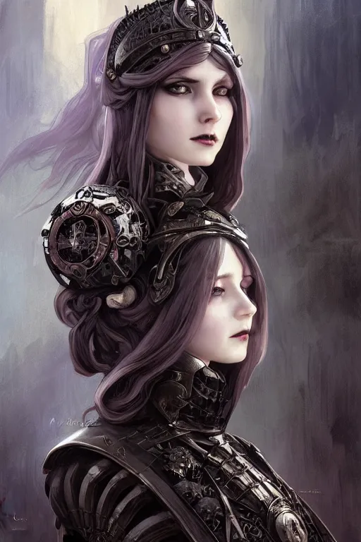 Image similar to beautiful and gothic and evil and luxury and dieselpunk young medieval female knight portrait +smoky eyes+front face with light flowing hair, ultradetail face, art and illustration by tian zi and craig mullins and WLOP and alphonse mucha, fantasy, intricate complexity, human structure, human anatomy, fantasy character concept, watermark, blurry, hyperrealism 8k