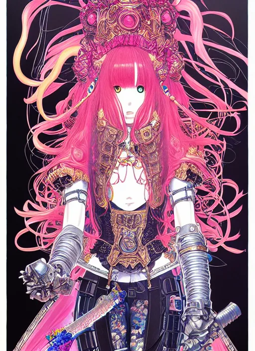 Prompt: highly detailed artstation katsuhiro otomo fluorescent fantastic fate manga poster of princess mechine, minaba hideo,, long hair, armor, laces, ruffles, 8 k, maximalist, art nouveau,