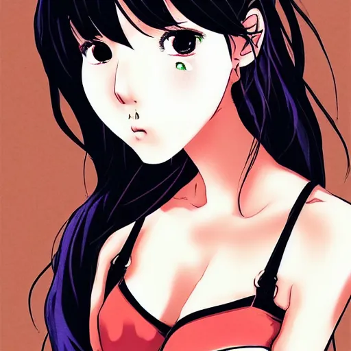 Image similar to stylized portrait of beautiful jun amaki gravure model instagram girl wearing street fashion, katsuya terada, masamune shirow, anime manga style