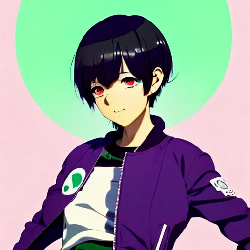 Image similar to anime poster film still portrait, young woman, black woman, purple colored eyes, purple colored eyes, white french bob, green colored bomber jacket, detailed facial features, dynamic pose, cute face by ilya kuvshinov, yoh yoshinari, makoto shinkai, rimlight, cel shaded, 4 k