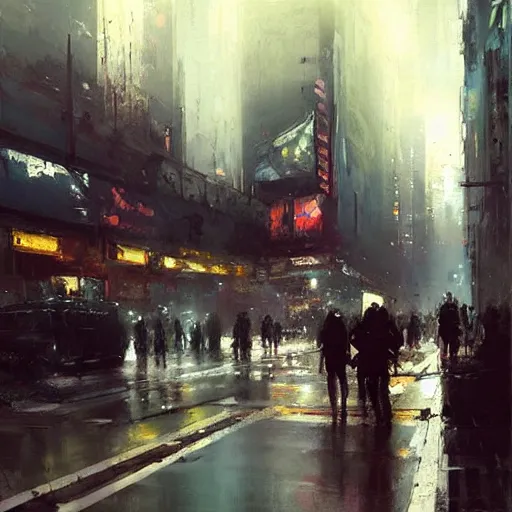 Image similar to cyberpunk cityscape, downtown scene, beautiful details, painting by jeremy mann