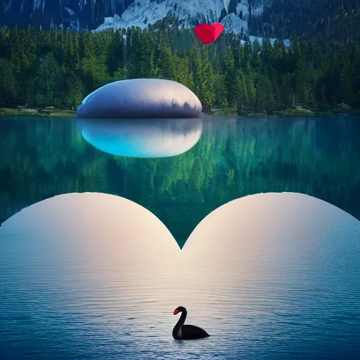 Image similar to photo of two black swans swimming in a beautiful reflective mountain lake, touching heads, forming a heart with their necks, a colorful hot air balloon is flying above the swans, hot air balloon, intricate, portrait, 8k highly professionally detailed, HDR, CGsociety, octane render, 4k