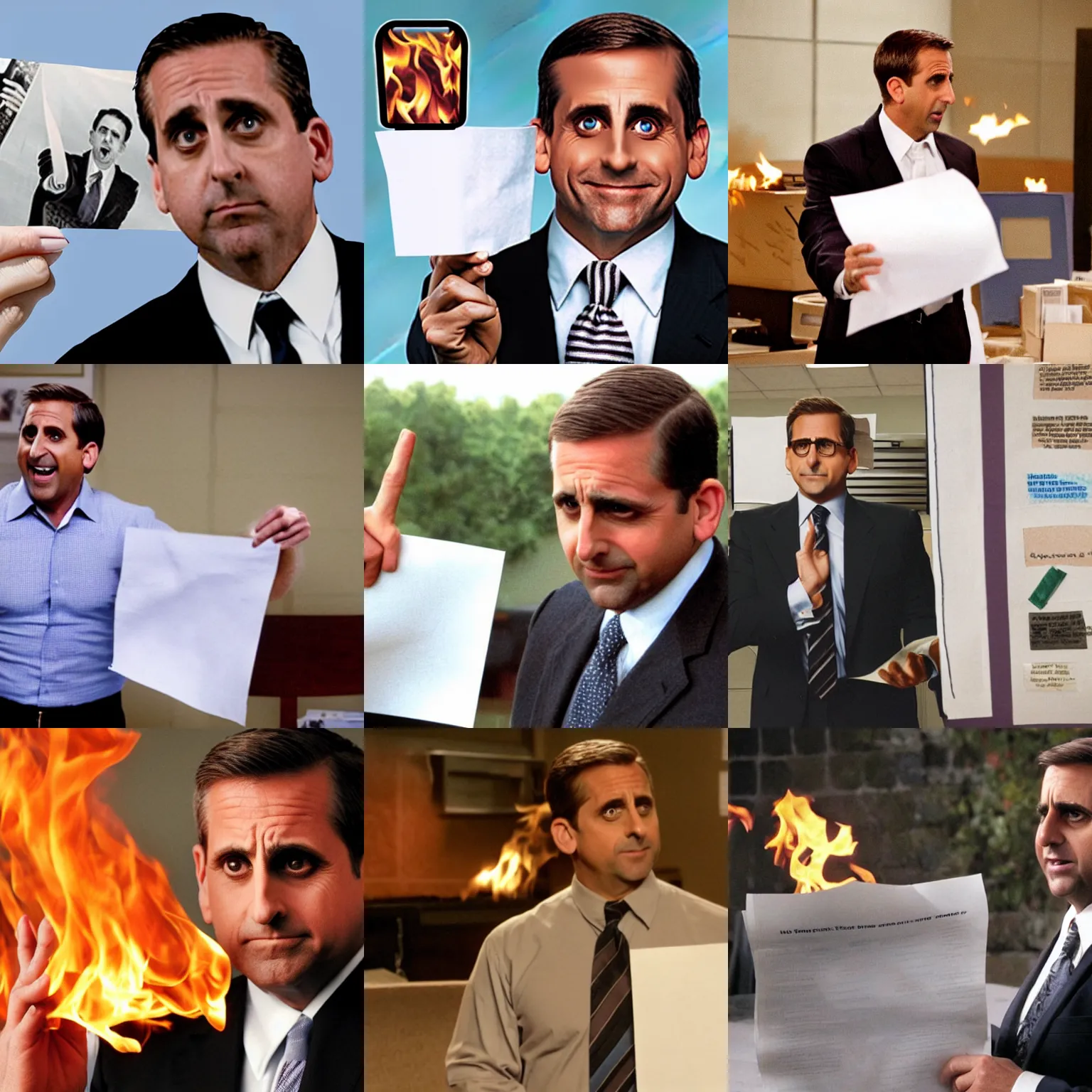 Prompt: Steve Carell Steve Carell Steve Carell Steve Carell as Michael Scott waving a paper sheet on fire