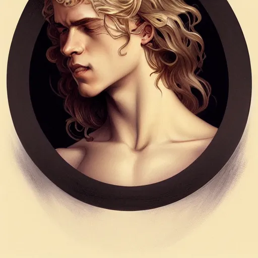Image similar to A pregnant pale blond young man in a tight black T-shirt, very detailed face, long fluffy curly blond hair, light blond hair, gorgeous, beautiful, intricate, highly detailed, digital painting, artstation, concept art, sharp focus, illustration, art by greg rutkowski and alphonse mucha