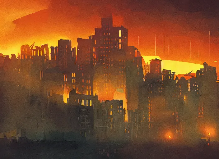 Prompt: editorial illustration by Karolis Strautniekas and Mads Berg, colorful, city of the lost,sky on fire, fine texture, detailed, matte colors, film noir, dramatic lighting, dynamic composition, moody, vivid, volumetric