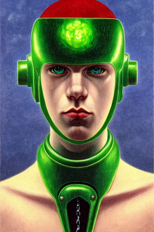 Image similar to portrait of beautiful gothic and futuristic young man, warhammer, cyber armor, a lot of scars, thunderstorm, blue head, red eyes, some green, the middle ages, highly detailed, artstation, illustration, more and more compostion, 8 k quality, art by rene magritte, jean delville