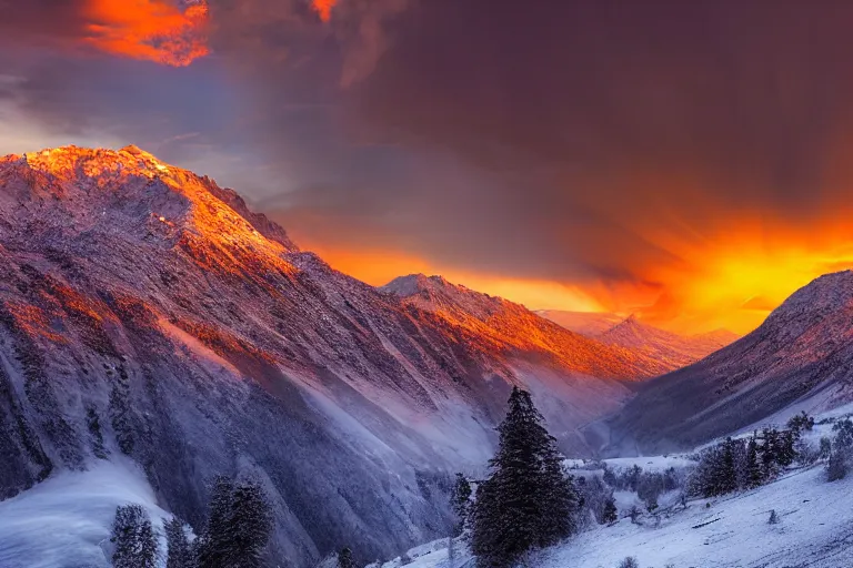 Image similar to amazing landscape photo of explosion in snowy mountains at sunset by marc adamus beautiful dramatic lighting