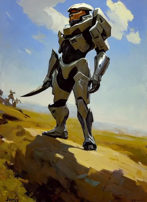 Image similar to Greg Manchess painting of an anthropomorphic Corgi wearing Forerunner Armor from Halo, countryside, calm, fantasy character portrait, dynamic pose, above view, sunny day, artwork by Jeremy Lipkin and Giuseppe Dangelico Pino and Michael Garmash and Rob Rey, very coherent asymmetrical artwork, sharp edges, perfect face, simple form, 100mm