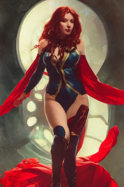 Prompt: marvel superhero, beautiful woman, floating in the air, red tight costume and red long hair, black cloak, power field around her, detailed portrait, dark background texture, alphonse mucha, greg rutkowski, trending on artstation, artgerm, breathtaking, sharp focus, smooth, mark arian, award winning, highly detailed 8 k art