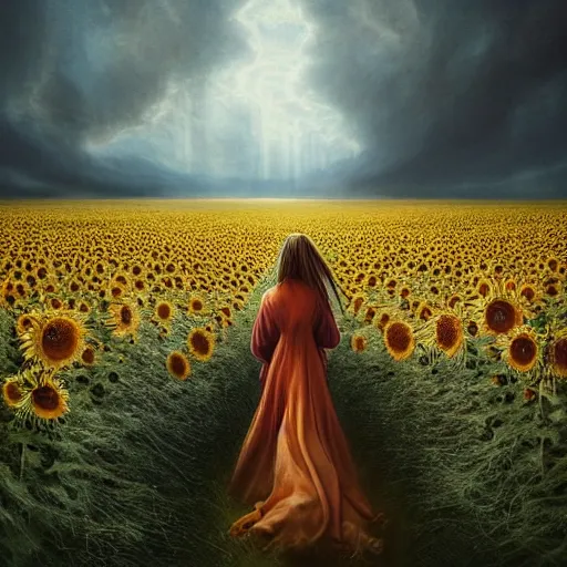 Prompt: by artgerm and agostino arrivabene, visually stunning, cinematic, ultra realistic, hyper realism, epic, octane render, unreal engine, vfx, maya, a girl slowly walking through amazing tall sunflower field, hair flowing, dark clouds incoming, early morning, fungal enchanter, murloc tinyfin, dread infernal, wee whelp, battle ram