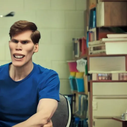 Image similar to Live Action Still of Jerma in Back to School, real life, hyperrealistic, ultra realistic, realistic, highly detailed, epic, HD quality, 8k resolution, body and headshot, film still