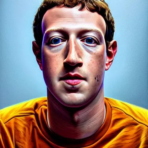 Prompt: intricate five star mark zuckerberg facial portrait by casey weldon, oil on canvas, hdr, high detail, photo realistic, hyperrealism, matte finish, high contrast, 3 d depth, centered, masterpiece, vivid and vibrant colors, enhanced light effect, enhanced eye detail, artstationhd
