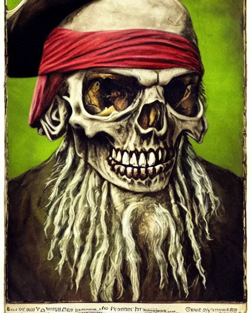 Image similar to an intimate portrait of a gnarly pirate, old skin, faded hat, crooked teeth, green eyes, a look of menace, detailed matte fantasy painting