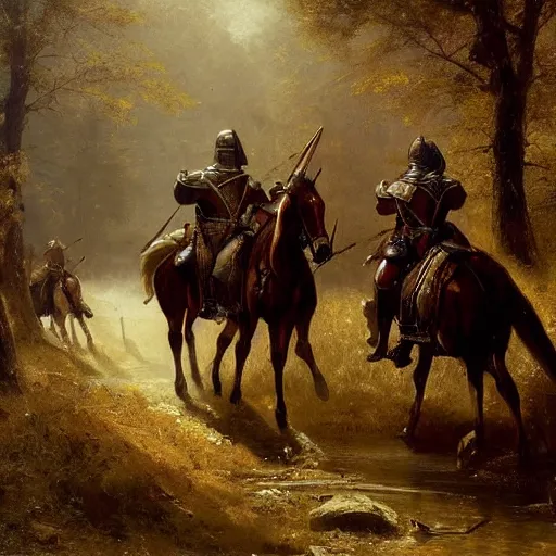 Image similar to a small group of medieval european knights are riding in a column through a dark wood along a small stream, highly detailed, digital painting, sharp focus, by alber bierstadt greg rutkowski