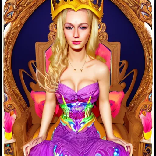 Prompt: a beautiful detailed portrait of a blonde stunningly beautiful fantasy queen in her throne room by lisa frank trending on artstation