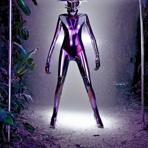 Prompt: conde nast traveler photo, inside a futuristic minimalist alien jungle made out of shiny reflective chrome, futuristic android with limbs made out of stretchy rubber tubing mixed with shiny colorful giant intricate detailed chrome gauntlets and chest piece and gladiator helmet, wearing a long purple velvet cape, fog and mist