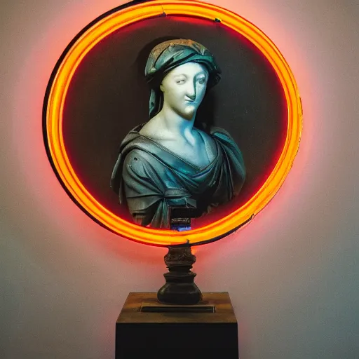 Prompt: a neon circle surrounding the head of a renaissance statue