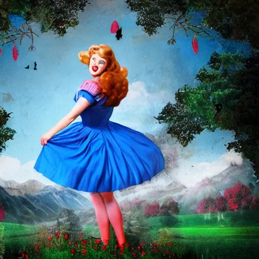 Prompt: giant alice in wonderland, pin up, houses, trees, mountains, woman, city, digital art, photo, blue dress, photoshop, flowers