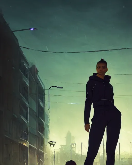 Image similar to portrait of attractive slav heroine wearing an addidas tracksuit. illuminated street lights, slav apartments in backround, by greg rutkowski and wlop, detailed, cinematic, 8 k, intricate, rule of thirds.