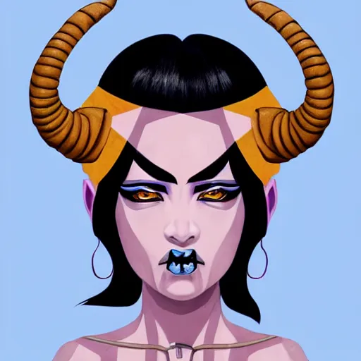 Prompt: illustrated portrait of ram-horned devil woman with blue bob hairstyle and hex #FFA500 colored skin tone and with solid black eyes and black sclera wearing leather by rossdraws