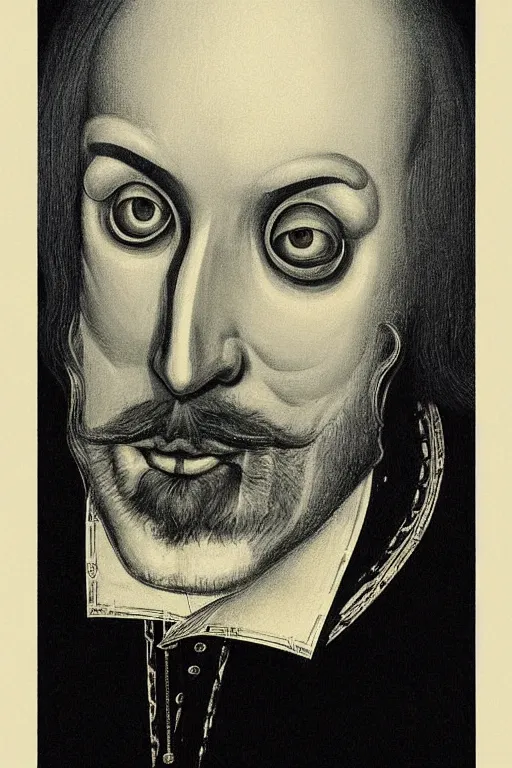 Prompt: Shakespeare portrait as a vocalis black metal Edward Hopper and James Gilleard, Zdzislaw Beksisnski, higly detailed