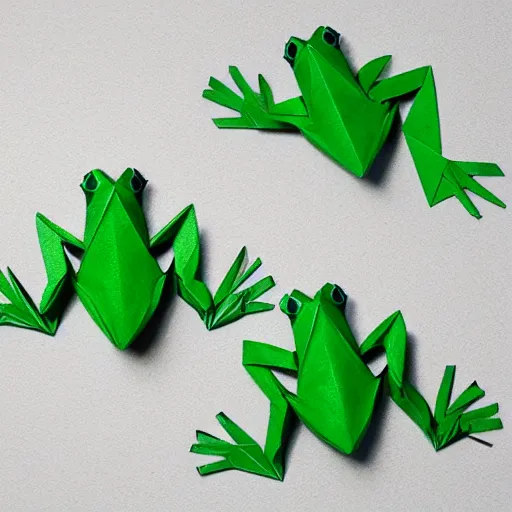 Prompt: high-quality artisanal origami frogs jumping