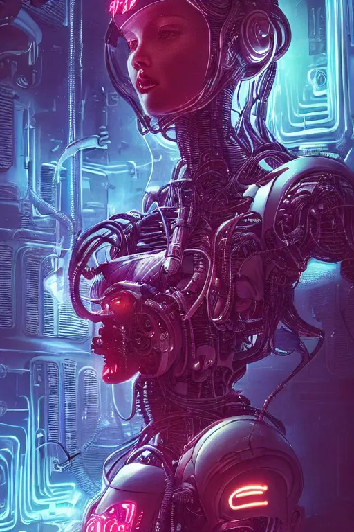 Prompt: Cute cyborg girl , surrounded by cables , illustrated by Greg Rutkowski and H.R. Giger and Moebius, 35mm lens, beautiful macro close-up imagery, vibrantly lush neon lighting, beautiful volumetric-lighting-style atmosphere, a futuristic atmosphere, intricate, ultra detailed, photorealistic imagery, trending on artstation, 4k, 8k