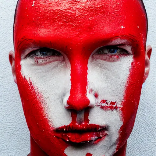 Prompt: dripping red paint across the shape of a male human , high detail, on a white background