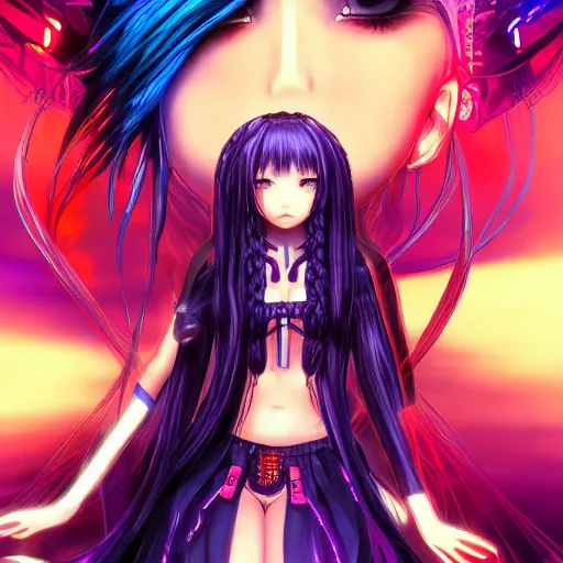 Prompt: anime cyberpunk art, cute and beautiful full body female devilish angel in the style of akira, red blue purple black fade, orange braided hair, dark purple lighting, night like eyes, braided hair, highly intricate detailed, braided hair, advanced digital gothic art, soft blur and glow, wlop and rossdraws and sakimimichan