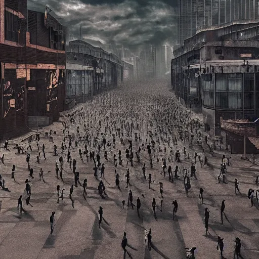 Image similar to hordes of drone-like people aimlessly walking around a depressing dystopian cityscape , trending on artststion, hyper realistic, surreal, melancholic, 8k, upscaled