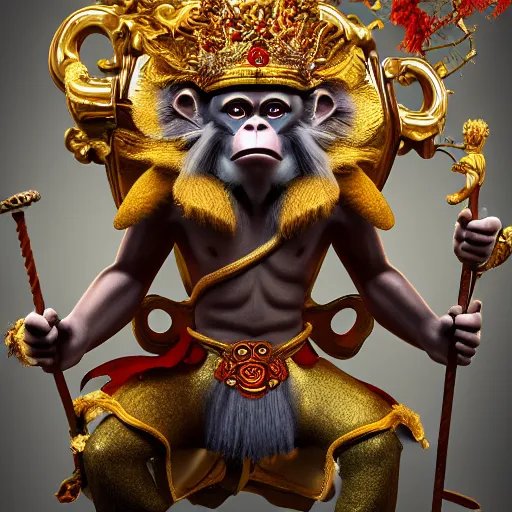 Image similar to monkey king godly lord of monkeys, wearing a crown, holding a staff, sitting in throne 8 k render high detail