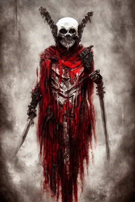 Image similar to the ghost - spirit of the grim - cryer wears the scarlet skull armor and blood crown, midnight fog - mist!, dark oil painting colors, realism, cinematic lighting, various refining methods, micro macro autofocus, ultra definition, award winning photo