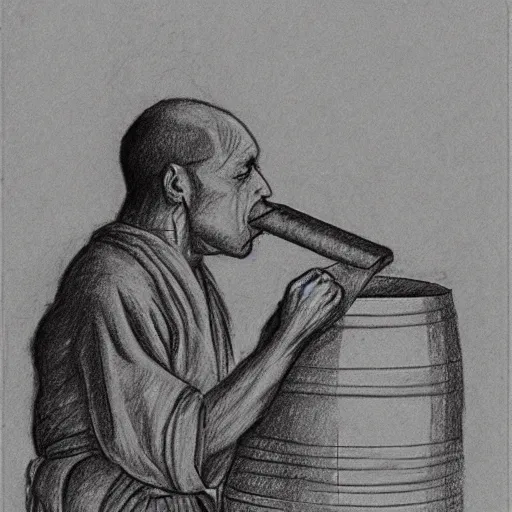 Prompt: pencil sketch of a monk drinking mead from a barrel