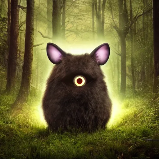Image similar to a cute furry creature with long ears standing in a forest, big glowing eyes, fantasy, mark ryden, concept render, cinematic lighting