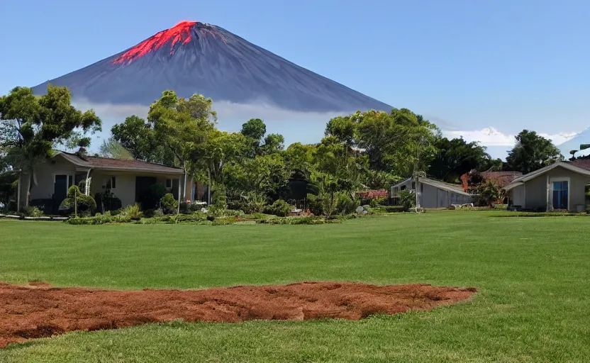 Image similar to suburban house and yard with small volcano erupting in the yard foreground, ground level