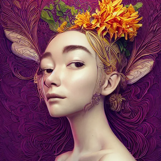 Prompt: the portrait of an absurdly beautiful, graceful, elegant young woman made of bananas and petals looking down, an ultrafine detailed illustration by kim jung gi, irakli nadar, intricate linework, bright colors, octopath traveler, final fantasy, angular, unreal engine 5 highly rendered, global illumination, radiant light, detailed and intricate environment