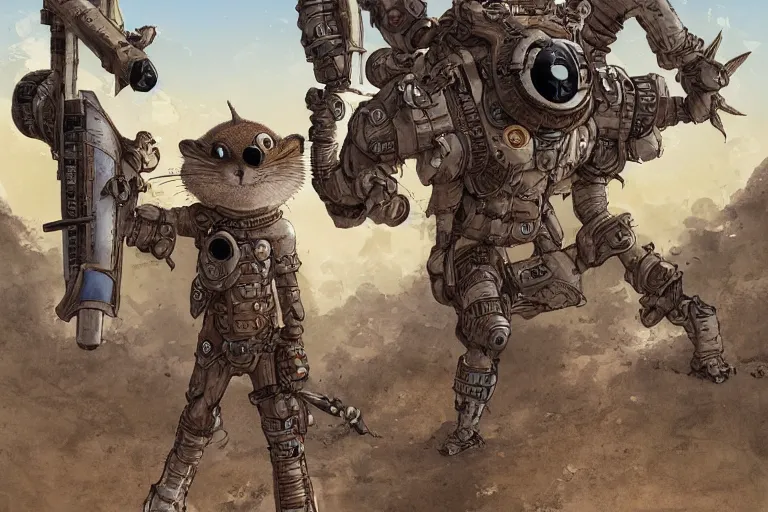 Image similar to anthropomorphic rodent with white and black ancestral ornate japanese tactical gear on an abandonment desert planet, high intricate details, long shot, rule of thirds, golden ratio, graphic novel by fiona staples and dustin nguyen, by beaststars and orange, peter elson, alan bean, studio ghibli, makoto shinkai