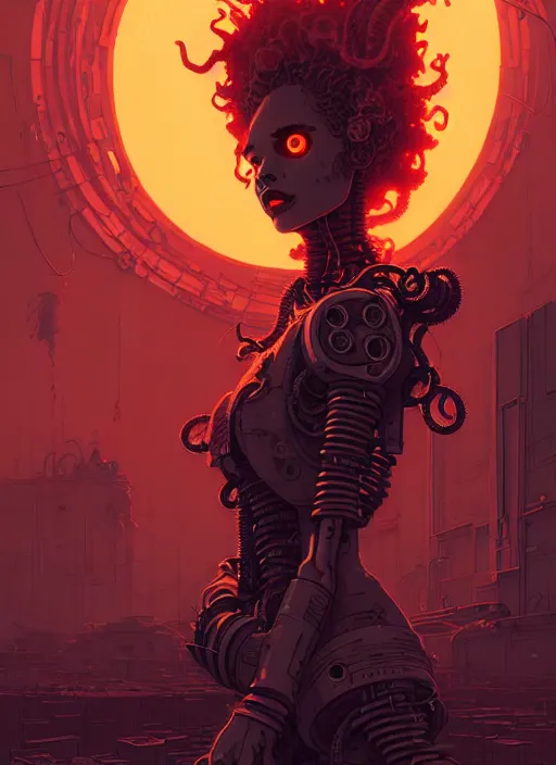 Image similar to highly detailed portrait of wasteland punk long curly fire hair tribal lady, stray wiring by atey ghailan, james gilleard, by joe fenton, by greg rutkowski, by greg tocchini, by kaethe butcher, 4 k resolution, gradient red, orange, black and white color scheme!!! ( ( flaming robotic dystopian city spiral background ) )