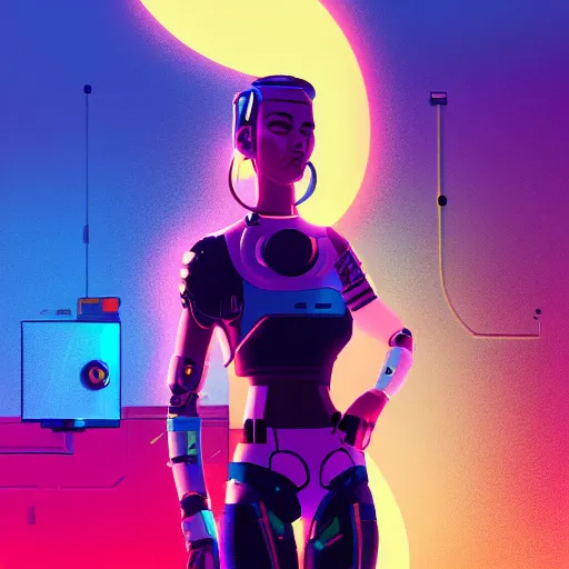 Image similar to butch cyborg woman repairs herself, cyberpunk art by james gilleard, cgsociety, retrofuturism, synthwave, retrowave, outrun