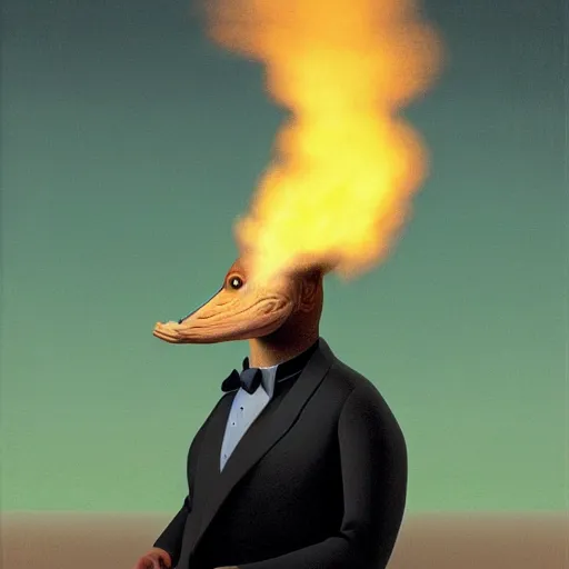 Prompt: a portrait of a platypus wearing a black suit, smoking a cigar, gorgeous, intricate, elegant, volumetric lighting, scenery, high detail digital art, smooth, rene magritte, illustration, concept art