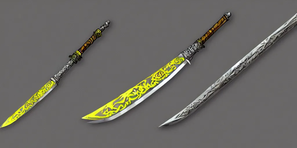 Image similar to silver sword with its blade covered in glowing yellow sigils, realistic, high quality, artstation, concept art