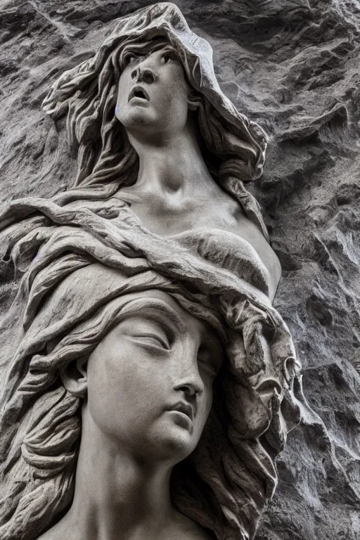 Prompt: epic view of mnemosine goddess statue sculpted in volcanic rock with silver stripes, made by antonio corradini and bernini, ultrarealistic, detailed, 8 k