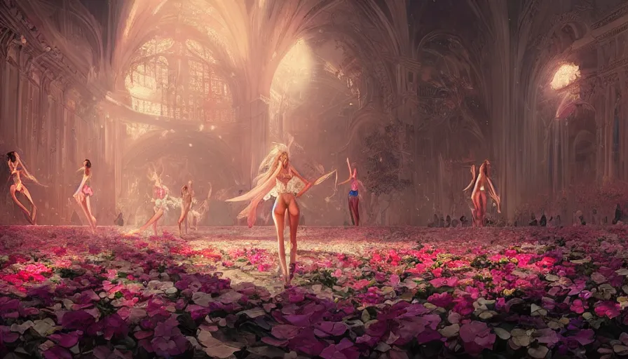 Image similar to victoria secret runway show, light, shadows, reflections, flowers, epic composition, intricate, elegant, volumetric lighting, digital painting, highly detailed, artstation, sharp focus, illustration, concept art, ruan jia, steve mccurry, artgerm and mina petrovic and timothy kong and marina federovna