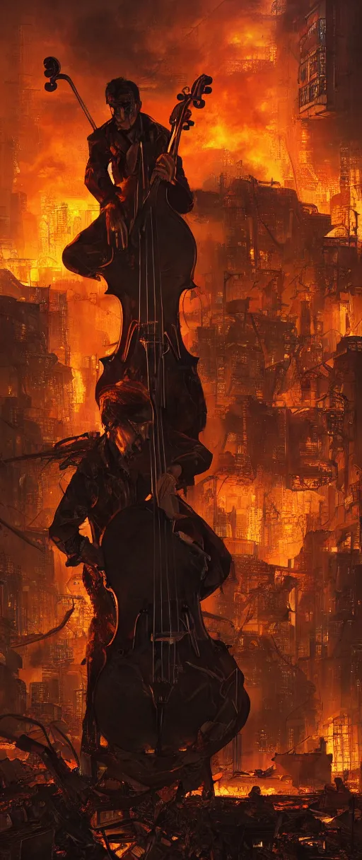 Prompt: a cellist playing in the rubble of a burning cyberpunk city looming above him, beautifully lit, concept art, sharp focus, a digital illustration by thomas blackshear