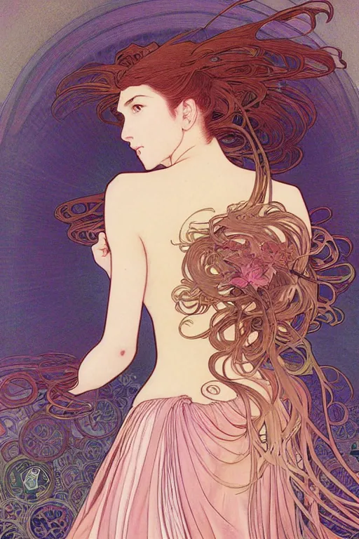 Image similar to beautiful portrait pastel painting of a female, blush, pleated skirt, flowing hair, slim face, elegant, alphonse mucha, by yoichi hatakenaka, masamune shirow, josan gonzales and dan mumford, ayami kojima, takato yamamoto, barclay shaw, karol bak, yukito kishiro