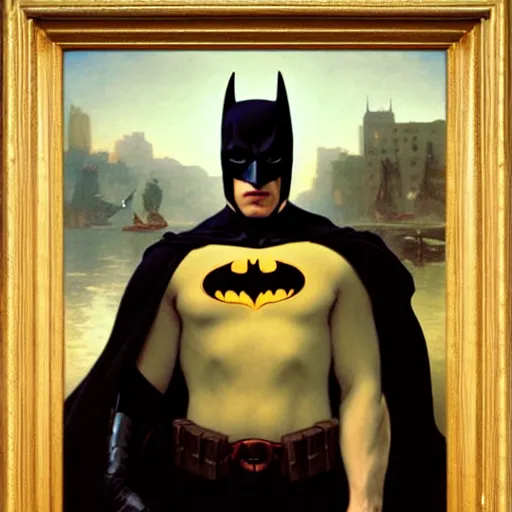 Image similar to Painting of Batman. Art by william adolphe bouguereau. During golden hour. Extremely detailed. Beautiful. 4K. Award winning.