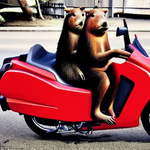 Prompt: epic image of jesus christ and capybara riding a red motorcycle together