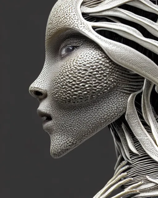 Image similar to bw close - up profile face, black background, beautiful porcelain vegetal dragon cyborg young female, 1 5 0 mm, beautiful natural soft rim light, silver gold details, magnolia leaves and stems, roots, fine lace, mandelbot fractal, elegant, ultra detailed, white metallic armour, octane render, h. r. giger style